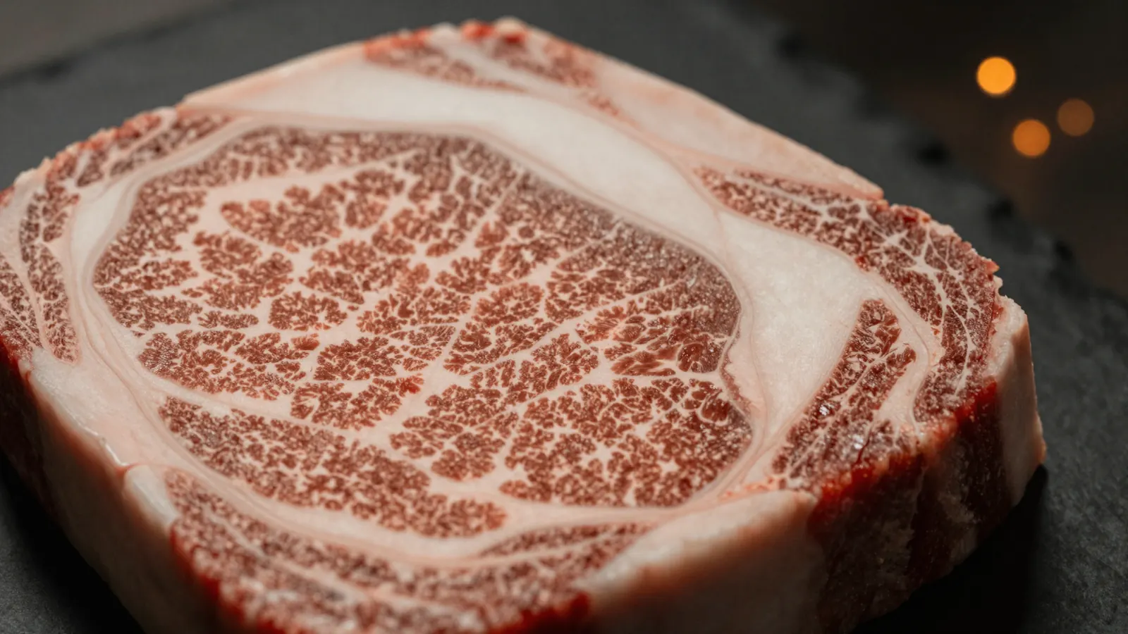Raw A5 wagyu strip loin with dense white marbling