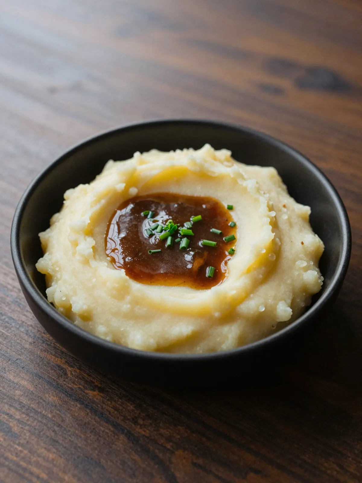 Mashed potatoes with a pool of beef jus
