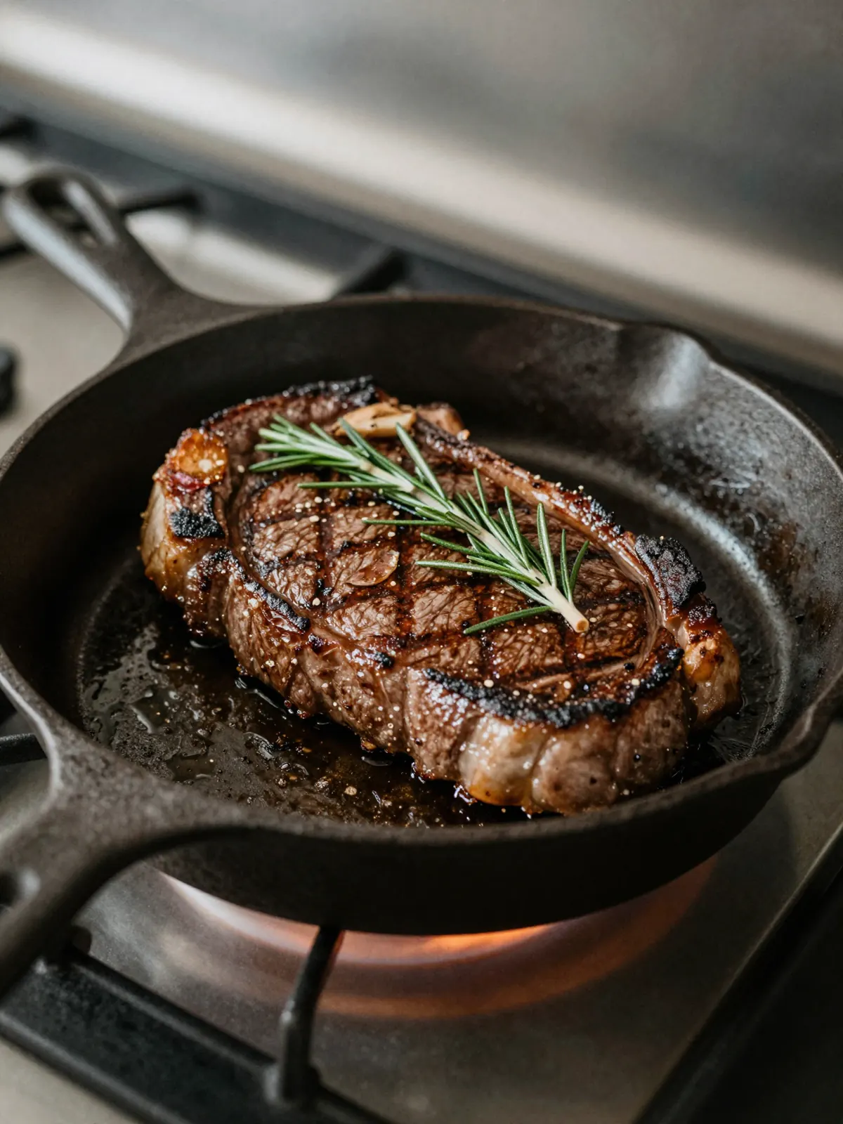 A thick grilled ribeye in a cast iron pan